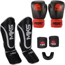 Luva Muay Thai Preta/Vermelha + Caneleira Muay Thai Preta + Bandagem + Protetor Bucal - Prospect Mks Luva Muay Thai Preta/Vermelha + Caneleira Muay Thai Preta + Bandagem + Protetor Bucal - Prospect Mks
