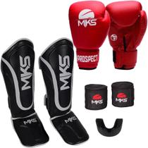 Luva Muay Thai Vermelha + Caneleira Muay Thai Preta + Bandagem + Protetor Bucal - Prospect Mks Luva Muay Thai Vermelha + Caneleira Muay Thai Preta + Bandagem + Protetor Bucal - Prospect Mks