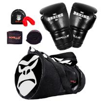 Luva Pro Boxe Muaythai Gorilla + Bandagen Elastica + Protetor Bucal c/ capinha + Bolsa transversal
