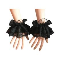 Luvas Curtas Elegantes Para Mulheres Com Renda Preta E Babados Florais, Punhos Elásticos, Estilo