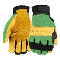 Luvas de couro John Deere JD00009 - GG, palma de couro bovino de grão, costas de elastano, pulso com gancho e laço