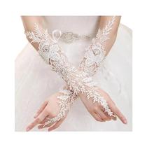 Luvas De Noiva Em Renda Marfim Com Cristais, Sem Dedos, Acessório Floral Para Casamento