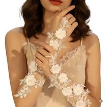 Luvas de Renda Feminina Flores 3D e Pérolas Festa Casamento -