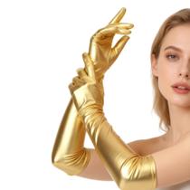 Luvas douradas longas sobre o cotovelo, poliéster elástico, 50 cm para mulheres Luvas douradas longas sobre o cotovelo, poliéster elástico, 50 cm para mulheres