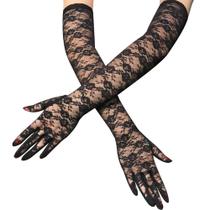 Luvas femininas compridas, pretas, de renda, dedo inteiro, 54 cm, nylon B Luvas femininas compridas, pretas, de renda, dedo inteiro, 54 cm, nylon B