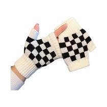 Luvas Femininas De Meio Dedo Em Xadrez Preto E Branco, Tricotadas E Quentes Para Ciclismo E Escrita Luvas Femininas De Meio Dedo Em Xadrez Preto E Branco, Tricotadas E Quentes Para Ciclismo E Escrita