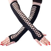 Luvas Fishnet femininas sem dedos pretas cruzadas 63 cm