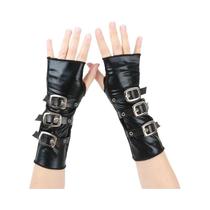 Luvas Góticas Pretas Femininas De Dedos Cortados Em Couro Com Fivela De Metal E Pulseira Estilo Punk