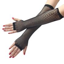 Luvas longas sem dedos Fishnet Punk para mulheres em nylon preto