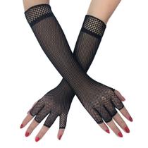 Luvas sem dedos Fishnet longas pretas de 44 cm para mulheres