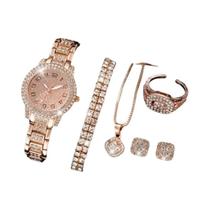 Luxo Elegante Feminino Relógio De Quartzo Conjunto 6 Pçs Liga Cristal Relógio De Pulso Strass