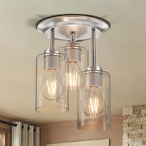 Luz de teto Kalium 3 luzes de vidro transparente de níquel escovado