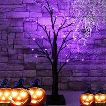 Luz LED De Halloween Em Forma De Árvore De Bétula Laranja E Roxa Com 24 Luzes E Galhos Pretos Para Luz LED De Halloween Em Forma De Árvore De Bétula Laranja E Roxa Com 24 Luzes E Galhos Pretos Para