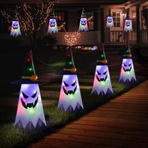 Luzes de Halloween Ghost Pathway, 4 peças de fantasmas com decorações de chapéus de bruxa, passarela, passarela, luzes de corda LED, coloridas, impermeáveis, operadas por bateria, interior, exterior, quintal suspenso, varanda frontal, decoração externa