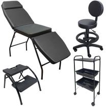 Maca 3 posições, Mocho, Escada e Carrinho Preto Kit Consultório Estética Dentista Tatuagem