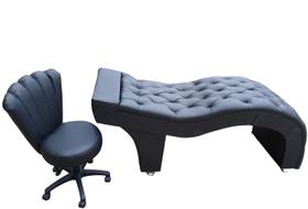 Maca Estética Joe 60X180 cm + Cadeira Mocho Couro Preto Facial Cílios E Sobrancelhas Mz Decor