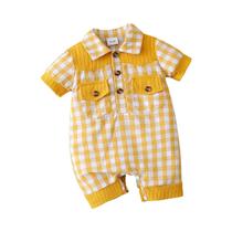 Macacão Amarelo Com Estampa Xadrez Para Bebês, Meninos E Meninas De 3 a 18 Meses, Manga Curta, Com Macacão Amarelo Com Estampa Xadrez Para Bebês, Meninos E Meninas De 3 a 18 Meses, Manga Curta, Com