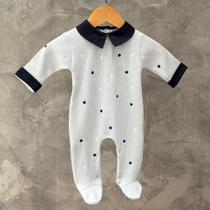 Macacão Azul Bebê Poá Azul e Branco - Malha Tricotada Macacão Azul Bebê Poá Azul e Branco - Malha Tricotada