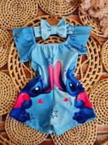Macacão Baby Baby Menina Infantil Temático Stitch Azul + Laço de Cabelo