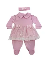 Macacão Bebê em Algodão com Vestido em Renda e Laço - 3 Peças Macacão Bebê em Algodão com Vestido em Renda e Laço - 3 Peças