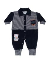 Macacão Bebê em Plush Listrado Ursinho Azul Marinho e Branco