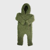 Macacão bebe fofinho em sherpa com capuz forrado com zíper verde musgo