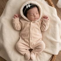 Macacão Bebê Fofo Plush com Capuz Peluciado Roupa Inverno Quentinha RN Presente Bebê