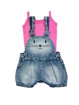 Macacão Bebê Jardineira Jeans com Body Gatinha Macacão Bebê Jardineira Jeans com Body Gatinha