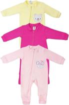 Macacao Bebe Kit 3 Peças Com Ziper Bordado e Liso Roupa Menina