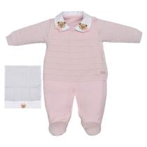 Macacão Bebê Longo Suedine e Tricô Rosa com Toalhinha de Boca Upi Uli