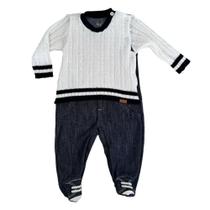 Macacão Bebê Masculino Luxo Tricot e Tecido Jeans Fake Recém Nascido 1317