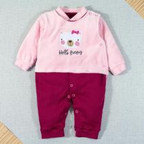 Macacão Bebe Menina 100% Algodão com Plush Bordado Ursinha