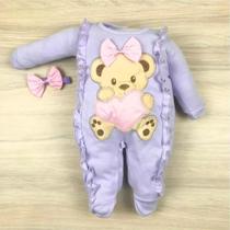 Macacão Bebê menina bordado ursa coração macio e confortável