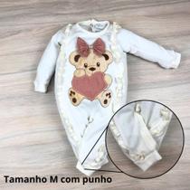 Macacão Bebê menina bordado ursa coração macio e confortável
