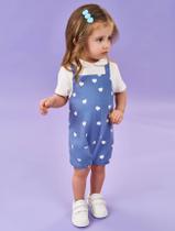 Macacão Bebê Menina Corações Natural E Azul Jeans Médio Cinti Macacão Bebê Menina Corações Natural E Azul Jeans Médio Cinti