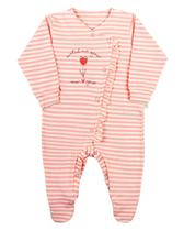 Macacao Bebe Menina Cotton Listrado Bordado Tulipa - Rosa