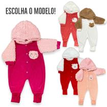 Macacão Bebê Menina de Frio Capuz Pelúcia Urso Plush Inverno