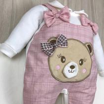 Macacão bebê menina e menino jardineira com laço bordado confortável