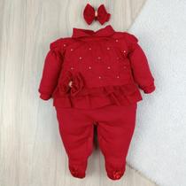 Macacão bebê menina Eduarda delicado com laço e strass confortáel e fácil de vestir