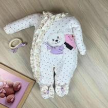 Macacão Bebê Menina Sofia com Faixa de Cabelo Botões Laterais, Detalhes Delicados