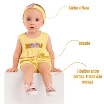 Macacão Bebê Menina Verão Curto Algodão Estampado com Babados + Tiara Fofo 3 até 12 Meses