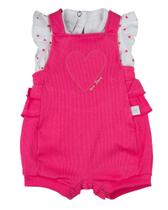 Macacão Bebê Menina Verão Salopete Malha Canelada e Cotton Estampado Bordado Coração - Pink - Ano Zero