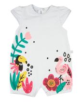 Macacão Bebê Menina Verão Sem Mangas Cotton Silk Screen Tucano e Flamingo - Branco