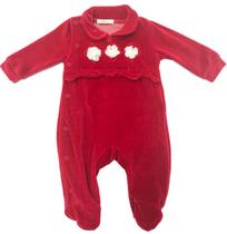Macacão Bebê Menina Vermelho com Flores de Renda Quentinho