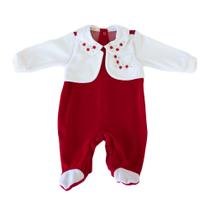 Macacão Bebê Menina Vermelho e Branco Bordado com Flores