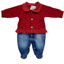 Macacao bebe menina vermelho jeans
