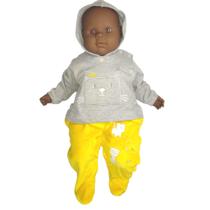 Macacão Bebê Menino com Capuz em Plush e Malha Gatinho - Cinza e Amarelo - Bicho Molhado
