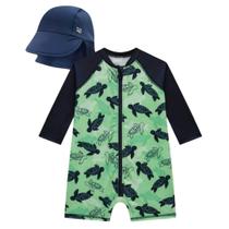 Macacão Bebê Menino e Chapéu em Malha UV Dry com Pretoteção UV 50+ LucBoo