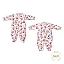 Macacão Bebê Menino Marfim Longo Suedine Bento Ursinhos