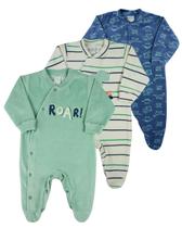 Macacao Bebe Menino Plush Estampado Liso e Listrado Kit Macacao Plush Menino Dinossauros 3 Pecas - Verde